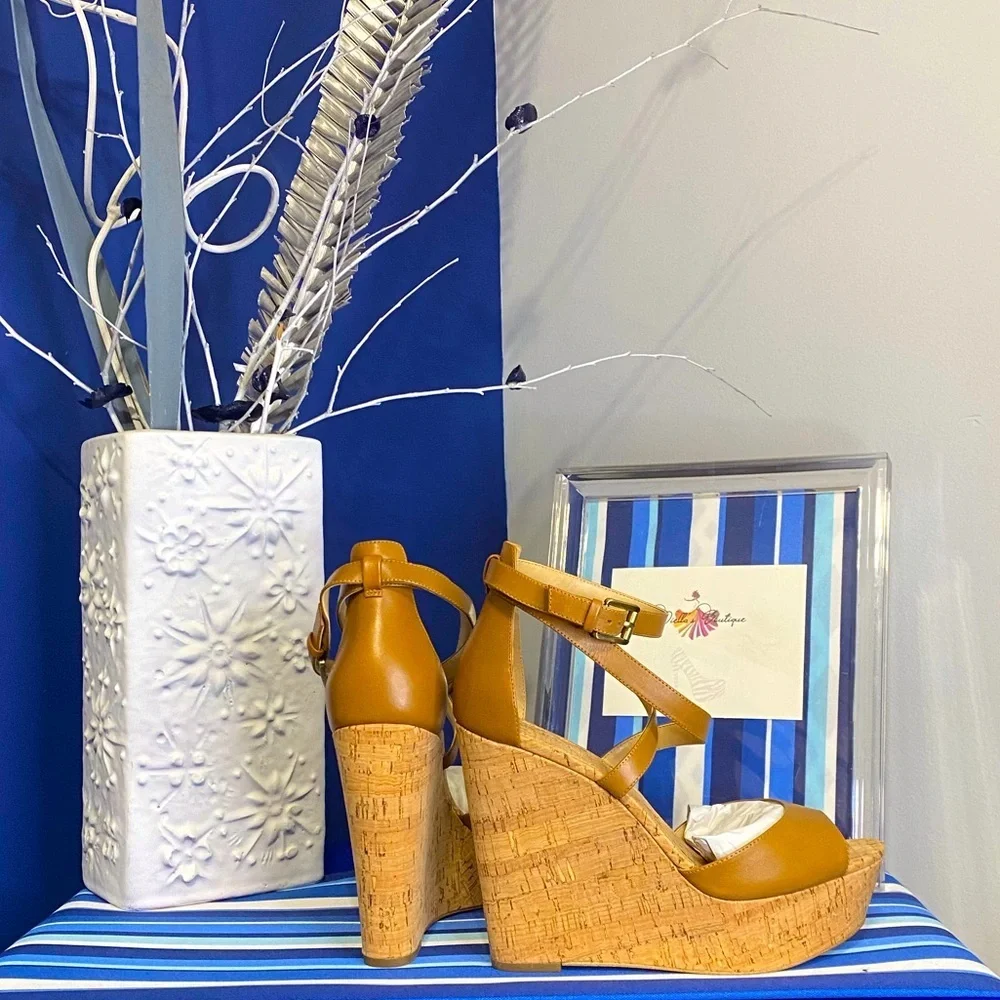 Michael Kors brown cork platform wedge strappy ankle high heel sandals Sz 10 - Picture 9 of 15